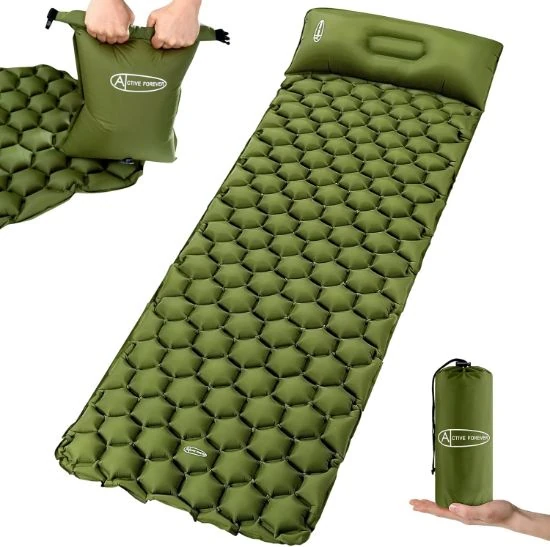 Lightweight inflatable sleeping mat with pillow