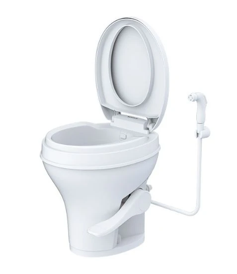 Plastic toilet seat with footrest